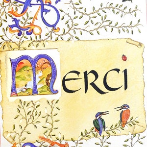 Carte postale double de remerciement enluminée avec son enveloppe, avec lettrine et oiseaux image 3
