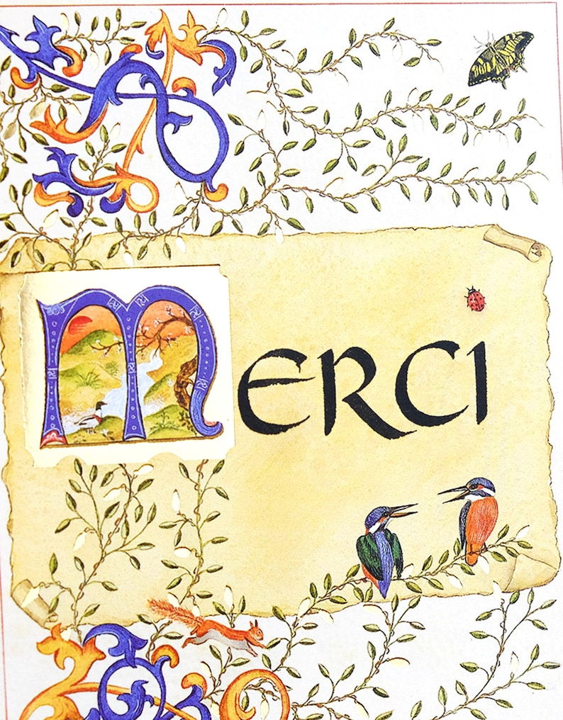 Carte postale double de remerciement enluminée avec son enveloppe, avec lettrine et oiseaux image 3