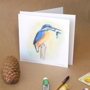 Carte postale double oiseau Martin-Pêcheur illustrée, avec son enveloppe