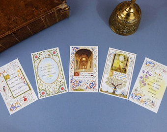 Lot de 5 images de communion illustrées à l'aquarelle avec or à chaud, style enluminure médiévale, Lot 2