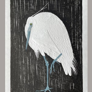 Egret on a rainy night - after a 1928 design by Ohara Shoson  Original Handmade 4 colour Japanese woodcut print with additional embossing.