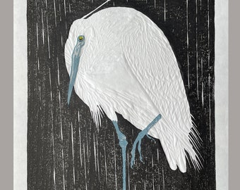 Egret on a rainy night - after a 1928 design by Ohara Shoson  Original Handmade 4 colour Japanese woodcut print with additional embossing.