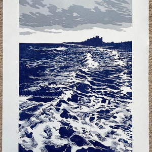 Seascape with Bamburgh Castle - 3 colour linocut