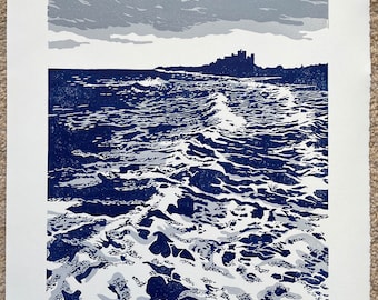 Seascape with Bamburgh Castle - 3 colour linocut