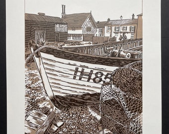 Aldeburgh - Suffolk coast, England.  Original Handmade 2 colour Linocut Print.