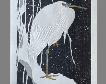 Egret on snowy branch - after a 1927 design by Ohara Shoson  Original Handmade 4 colour Japanese woodcut print with additional embossing.