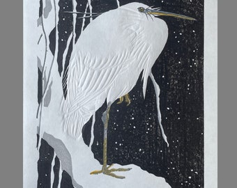 Handmade "Egret on a Snowy Branch" Woodcut Print – Embossed Japanese Art, Ohara Shoson Style