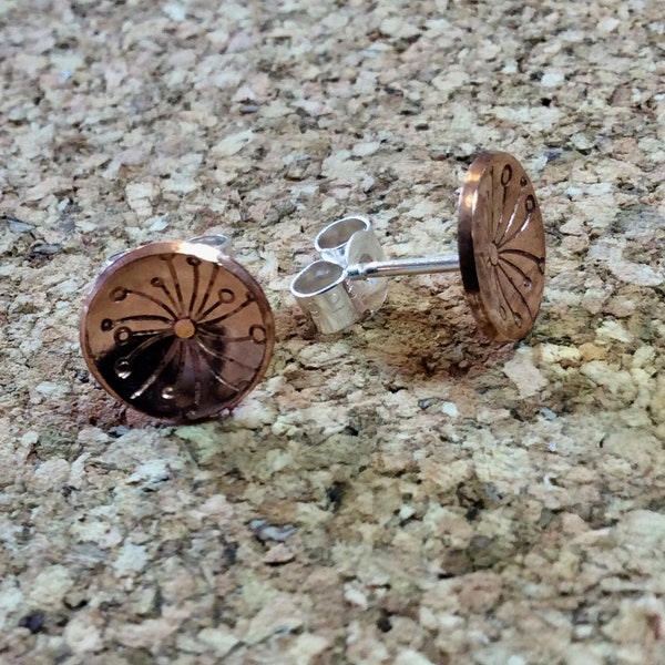 Copper stud earrings, botanical stud earrings, floral copper jewellery, made in Cornwall, floral studs, round stud earrings