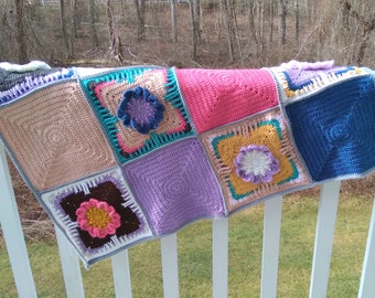 Crochet Floral Blanket for Baby Girl, Handmade Stroller or Travel Throw, Rainbow Baby Blanket with Flower Details, Colorful Car Seat Lovey