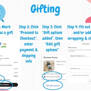 Puede incluir: Una gu&iacute;a paso a paso sobre c&oacute;mo marcar un pedido de Etsy como regalo. La imagen muestra el proceso, incluyendo marcar el pedido, proceder al pago, a&ntilde;adir opciones de regalo y guardar los cambios. La palabra "Gifting" est&aacute; en la parte superior.