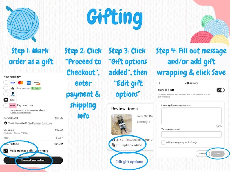 Puede incluir: Una gu&iacute;a paso a paso sobre c&oacute;mo marcar un pedido de Etsy como regalo. La imagen muestra el proceso, incluyendo marcar el pedido, proceder al pago, a&ntilde;adir opciones de regalo y guardar los cambios. La palabra "Gifting" est&aacute; en la parte superior.