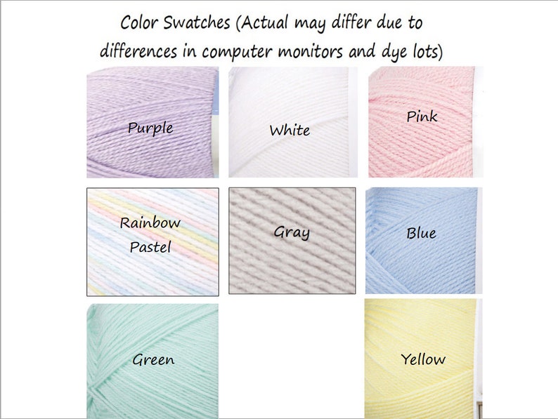 Puede incluir: Muestras de color de hilo en varios colores, incluyendo morado, blanco, rosa, arco&iacute;ris pastel, gris, azul, verde y amarillo. El texto "Color Swatches" y una exenci&oacute;n de responsabilidad sobre las variaciones de color tambi&eacute;n est&aacute;n presentes.
