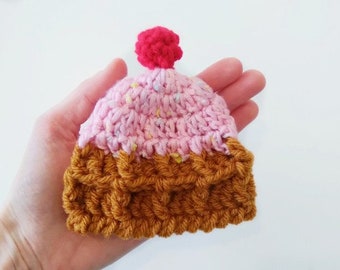 Preemie Baby Ice Cream Sundae Hat, Handmade Waffle Cone NICU Baby Beanie Cap with a Cherry on Top, Crochet Infant NICU Warrior Hospital Hat