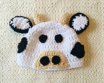 0-3 Month Crochet Baby Cow Hat, Handmade Cute Adorable Cow Beanie Cap, Crochet Farm Animal Farmhouse Barnyard Newborn Infant Hat