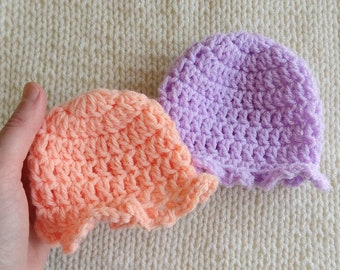 Preemie or Micro Preemie Bucket Hat, Crochet Peach Spring Brimmed Beanie, Handmade Baby Sunhat, Summer Sun Hat for NICU Newborn or Infant