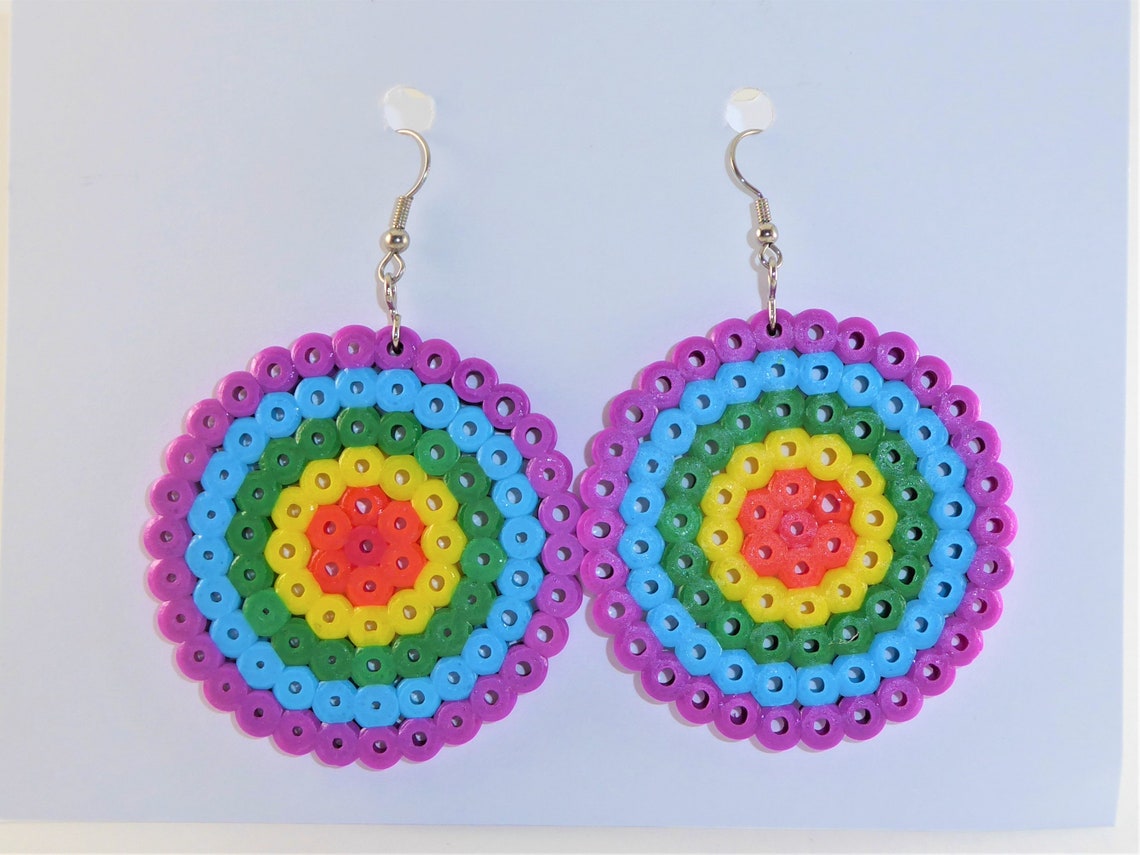 Rainbow Earrings Circles Perler Beads Fuse Bead Jewelry Etsy