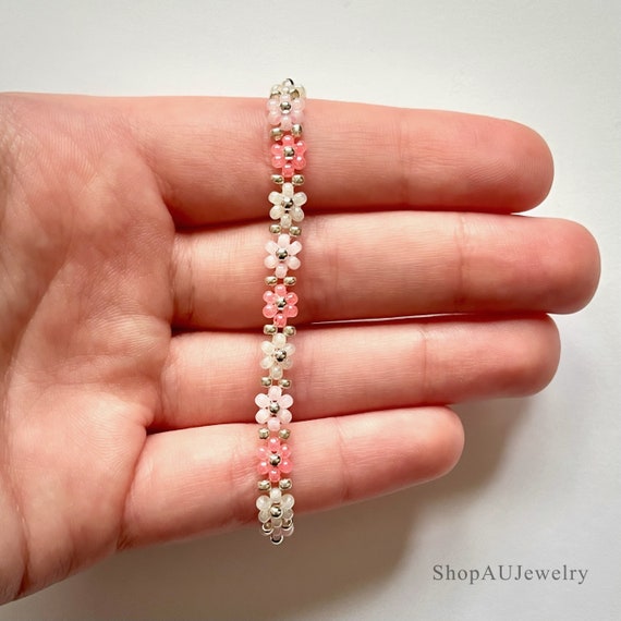 Pink Rose Bracelet Beaded - Flower Beads, Handmade, Unique Gift 6.5