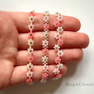 Pink Beaded Flower Bracelet | Seed Bead Daisy | Minimal | Dainty Handmade Jewelry | Beaded Bracelet | Personalized | Gift For Her