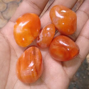 Pode incluir: Cinco pedras de cornalina roladas em vários tons de laranja e vermelho. As pedras são lisas e polidas, com um visual natural e orgânico.