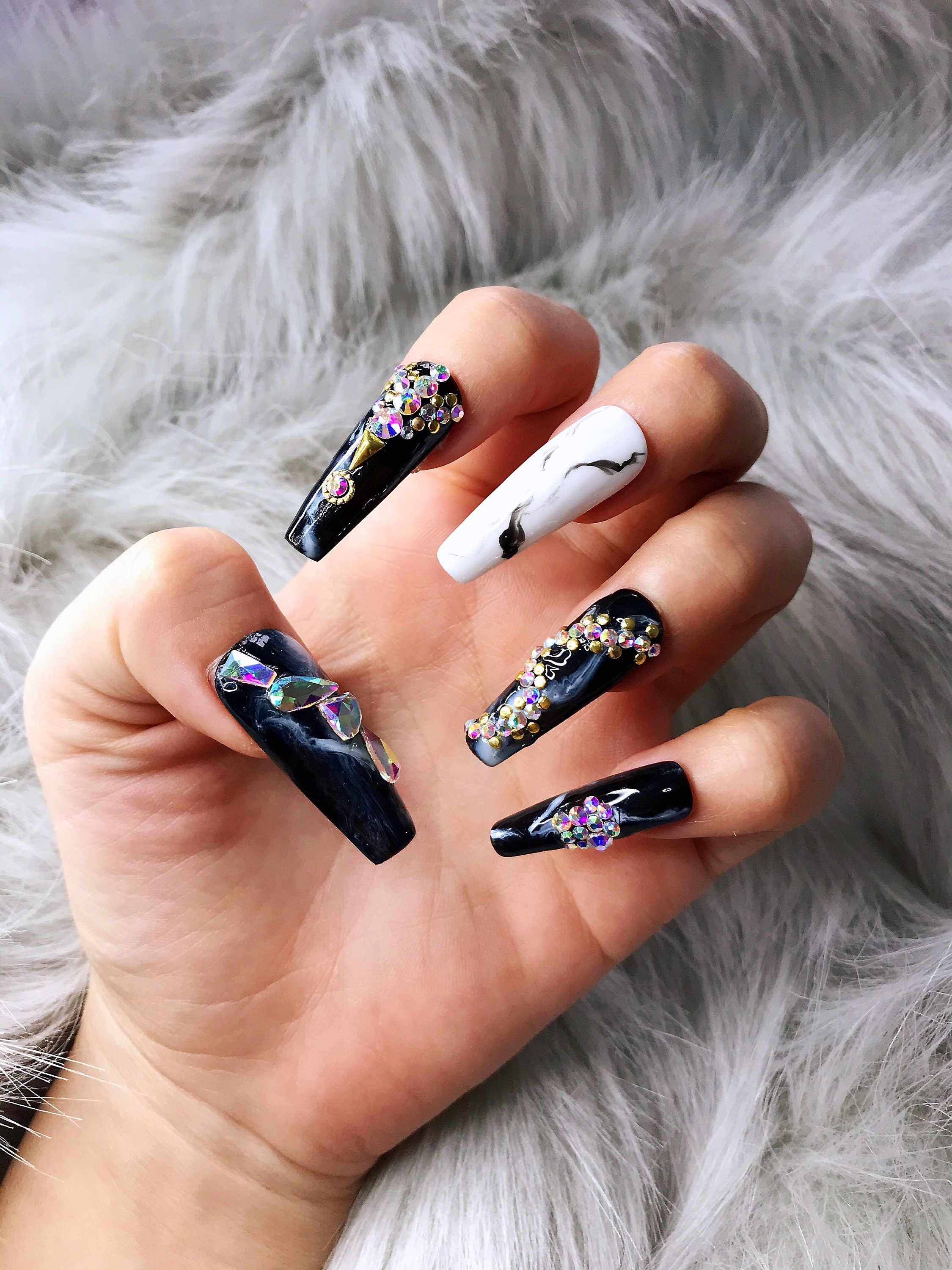 Marble Press on Nails Black and White Fake Nails 3D Bling - Etsy UK Marble Press on Nails Black and White Fake Nails 3D Bling - Etsy UK
