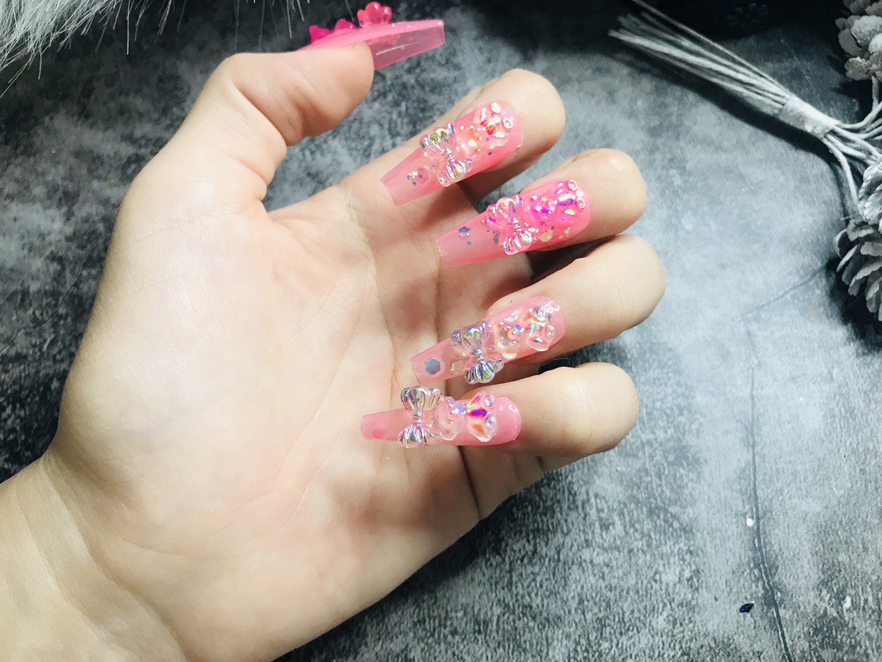 Pink Press on Coffin Nails 3D Bling Crystal Accent Acrylic - Etsy Pink Press on Coffin Nails 3D Bling Crystal Accent Acrylic - Etsy