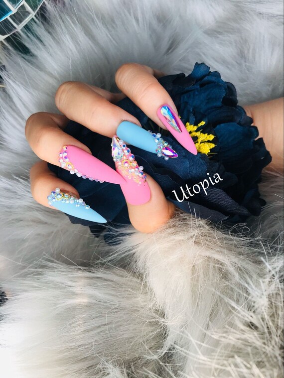 Matte Pink And Blue Press On Coffin Nails 3d Bling Crystal Etsy Matte Pink And Blue Press On Coffin Nails 3d Bling Crystal Etsy