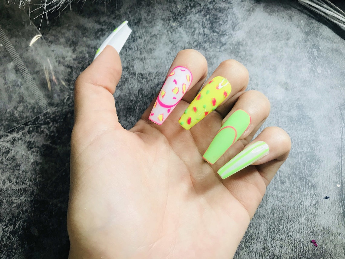 Matte Green Press on Coffin Nails Yellow Bling Acrylic Fake Etsy