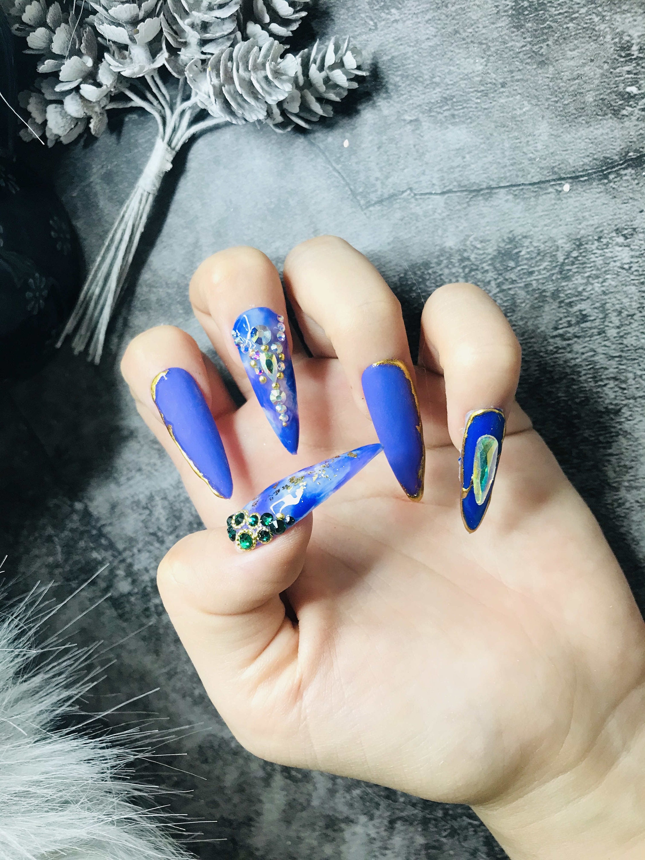 Matte Blue Press On Coffin Nails 3D Crystal Accent Acrylic Etsy