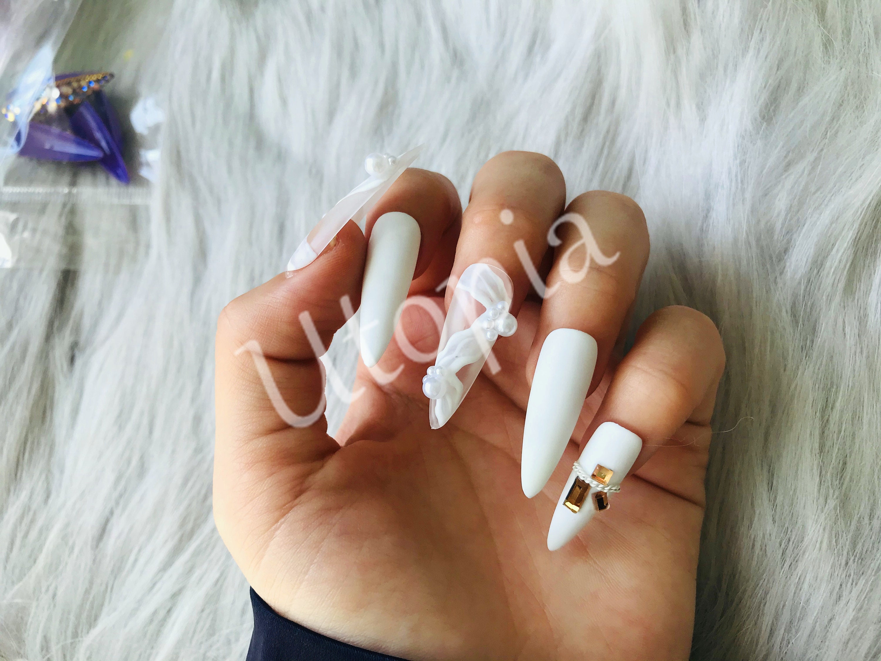 Matte White Press on Coffin Nails 3D White Pearl Accent Etsy
