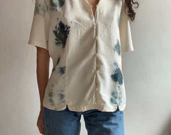 Plant Dyed Vintage Silk Button-Down Shirt w/ Tie Back, Hollyhock Flowers Bundle Dye