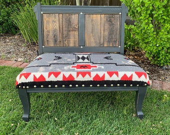 Upcycled Western Saddle Blanket Bench/Settee with Victorian East Lake Design, Barn wood Accents, and Large Decorative Nail Heads/Tacks