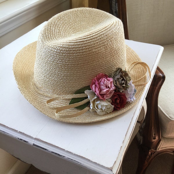 Homburg Style Straw Hat with Off-Centered Short Brim and Silk Flowers; Giovannio Florence New York