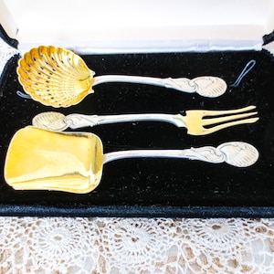 Rare Christofle Sterling and Vermeil Dessert Serving Set, Three Pieces, Art Nouveau