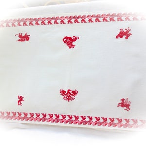 French Vintage Table Runner- White Linen, Red Cross Stitch, Redwork, Red Work, Alsace, France