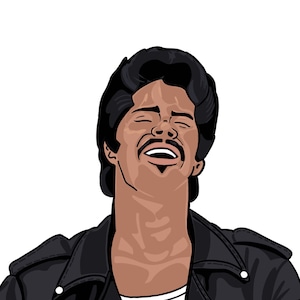 May include: A cartoon illustration of a man with a large afro hairstyle wearing a black leather jacket. He is laughing with his eyes closed and mouth open.