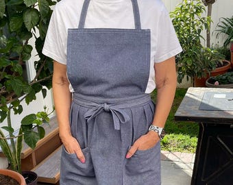 Japanese Style Denim Dress Apron: Handmade Cotton Apron with Pockets