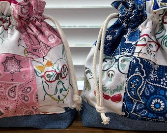 Handmade Patchwork Drawstring Bag, Lined Drawstring Bag
