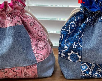 Handmade Patchwork Drawstring Bag, Lined Drawstring Bag