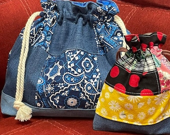 Handmade Patchwork Drawstring Bag, Lined Drawstring Bag