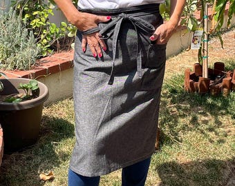 Chef Half Apron: Black Canvas Cotton Apron with Towel Holder