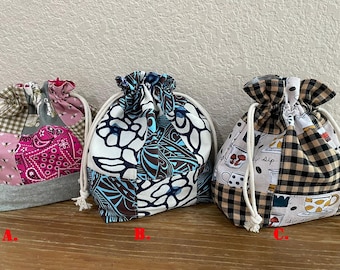Handmade Patchwork Drawstring Bag, Lined Drawstring.
