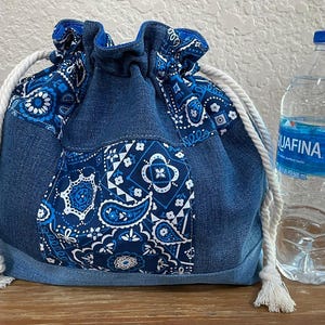 Handmade Patchwork Drawstring Bag, Lined Drawstring Bag imagem 7
