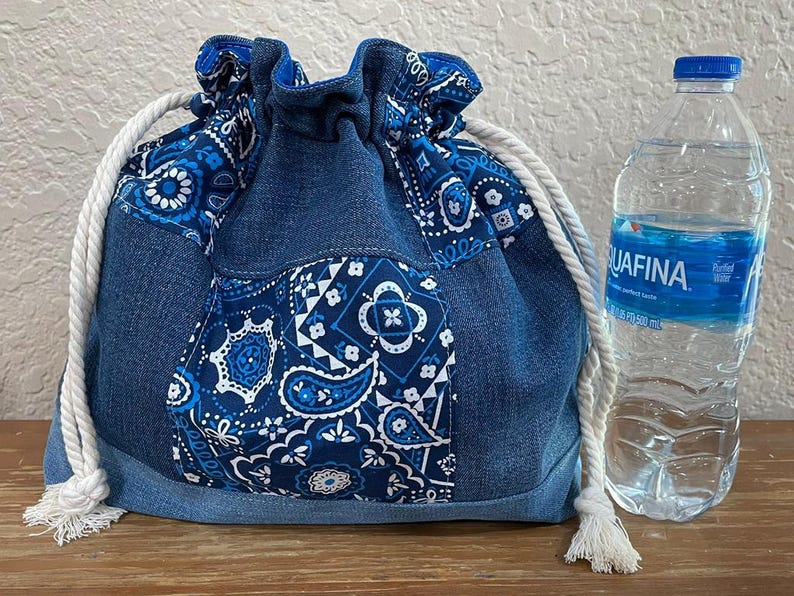 Handmade Patchwork Drawstring Bag, Lined Drawstring Bag imagem 7