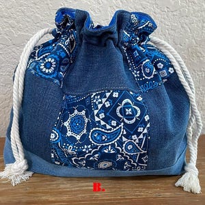 Handmade Patchwork Drawstring Bag, Lined Drawstring Bag Lunch bag-B