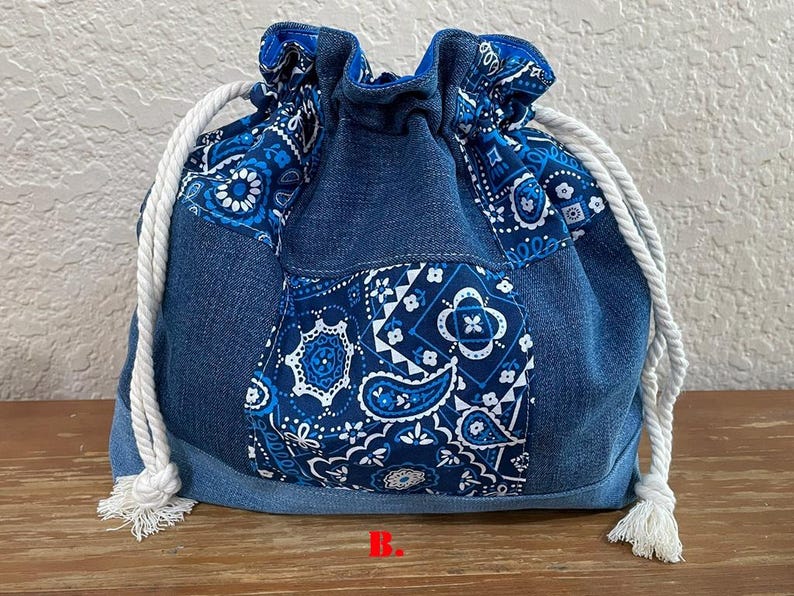 Handmade Patchwork Drawstring Bag, Lined Drawstring Bag Lunch bag-B