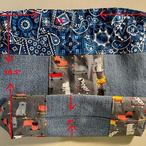 Pode incluir: Uma bolsa com cord&atilde;o, com aproximadamente 27 cm de altura e 7,6 cm de largura, com corpo em ganga e parte superior com padr&atilde;o paisley azul. A bolsa apresenta um painel com estampa de c&atilde;o em fundo cinza. O cord&atilde;o &eacute; uma corda creme.