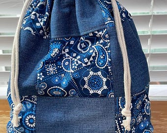 Handmade Patchwork Drawstring Bag, Lined Drawstring Bag