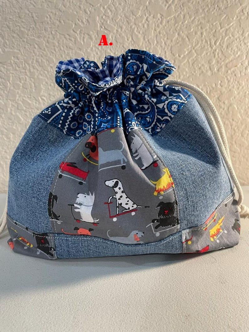 Handmade Patchwork Drawstring Bag, Lined Drawstring Bag Lunch Bag-A