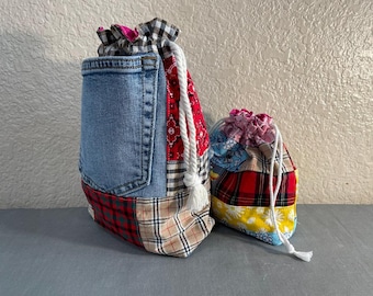 Lined patchwork  drawstring bags