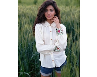 White Hand painted blouse with floral Motif